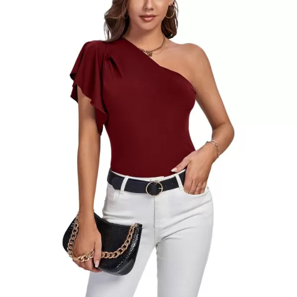 LYANER Women's Summer Elegant One Shoulder Ruched Ruffle Short Sleeve Blouse Top