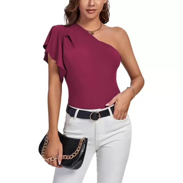 LYANER Women's Summer Elegant One Shoulder Ruched Ruffle Short Sleeve Blouse Top