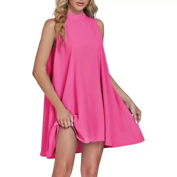 LYANER Women’s Summer Mock Neck Sleeveless Loose Tank Top Pleated Mini Beach Dress Sundress
