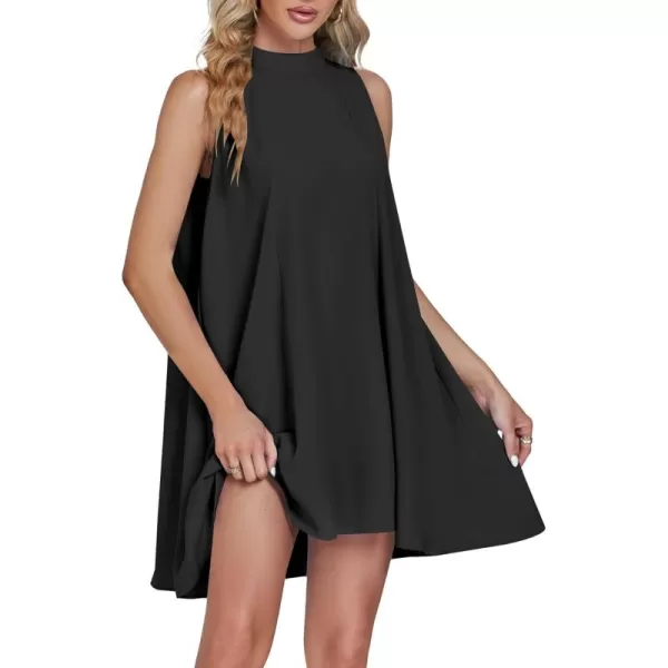 LYANER Women’s Summer Mock Neck Sleeveless Loose Tank Top Pleated Mini Beach Dress Sundress