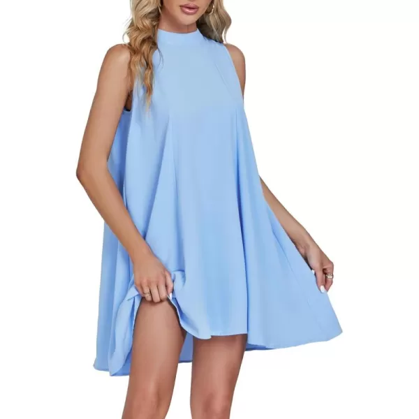 LYANER Women’s Summer Mock Neck Sleeveless Loose Tank Top Pleated Mini Beach Dress Sundress