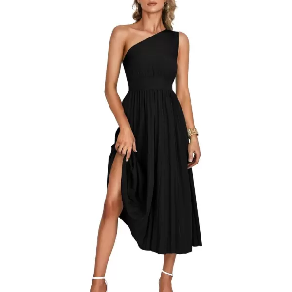 LYANER Women's Summer One Shoulder Sleeveless Pleated Midi Dresses Casual Flowy Cocktail Party Dress