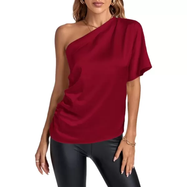 LYANER Women's Summer Satin One Shoulder Ruched Batwing Short Sleeve Blouse Shirt