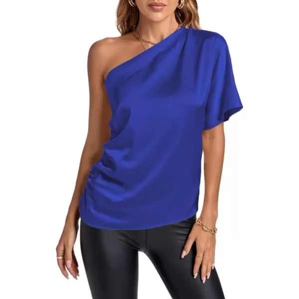 LYANER Women's Summer Satin One Shoulder Ruched Batwing Short Sleeve Blouse Shirt