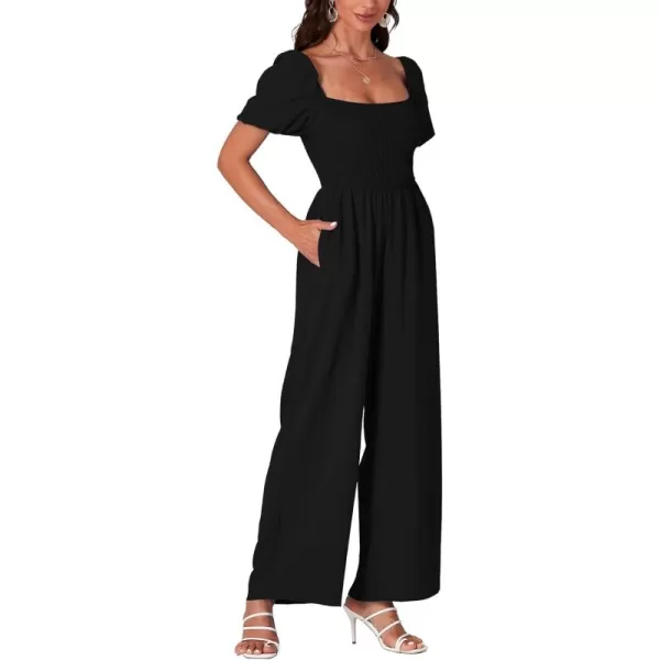 LYANER Women's Summer Smocked Jumpsuits Square Neck Shirred Short Sleeve Casual High Waist Wide Leg Long Romper