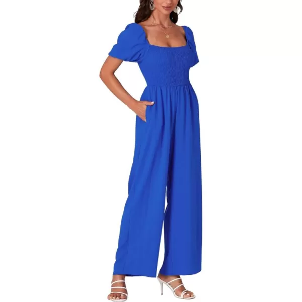LYANER Women's Summer Smocked Jumpsuits Square Neck Shirred Short Sleeve Casual High Waist Wide Leg Long Romper