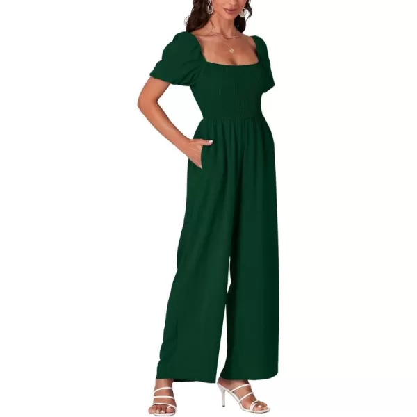 LYANER Women's Summer Smocked Jumpsuits Square Neck Shirred Short Sleeve Casual High Waist Wide Leg Long Romper