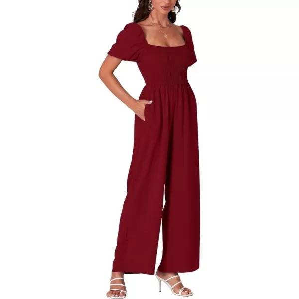 LYANER Women's Summer Smocked Jumpsuits Square Neck Shirred Short Sleeve Casual High Waist Wide Leg Long Romper