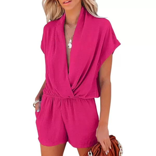 LYANER Women's Summer V Neck Wrap Ruched Front Pockets Short Sleeve Romper Jumpsuit