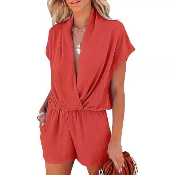 LYANER Women's Summer V Neck Wrap Ruched Front Pockets Short Sleeve Romper Jumpsuit