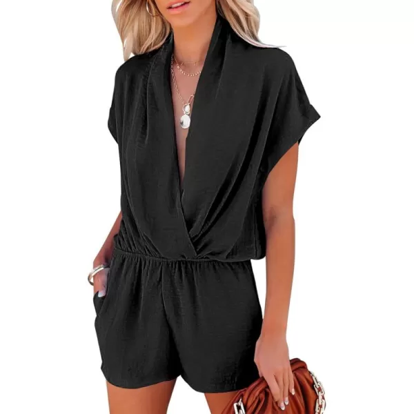 LYANER Women's Summer V Neck Wrap Ruched Front Pockets Short Sleeve Romper Jumpsuit