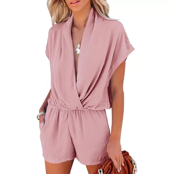 LYANER Women's Summer V Neck Wrap Ruched Front Pockets Short Sleeve Romper Jumpsuit