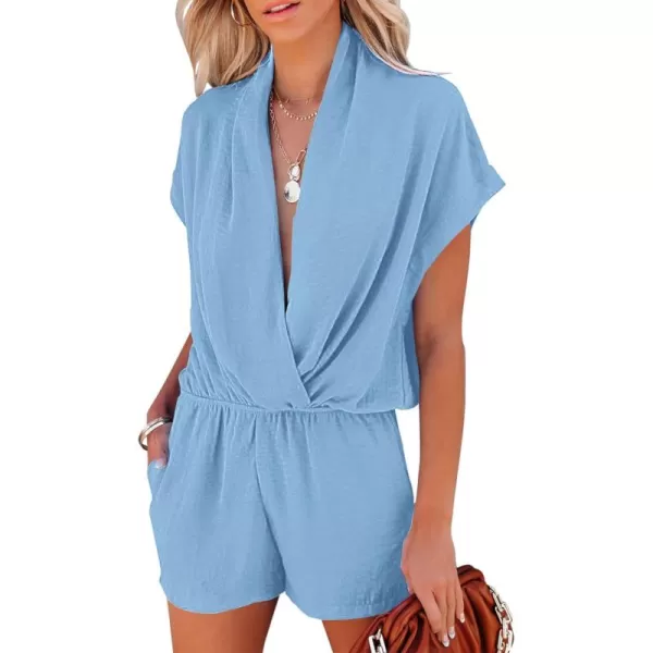 LYANER Women's Summer V Neck Wrap Ruched Front Pockets Short Sleeve Romper Jumpsuit