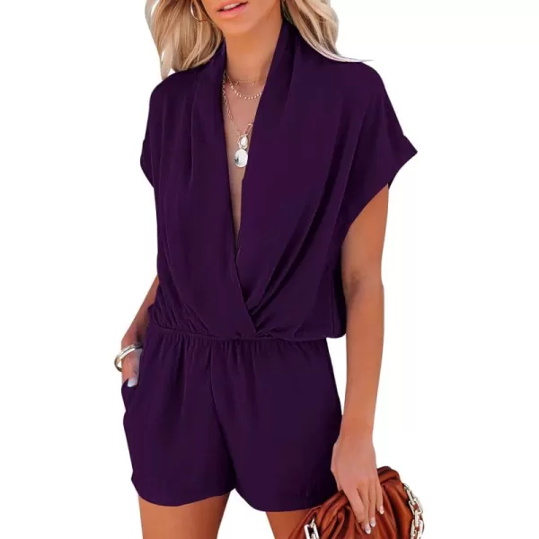 LYANER Women's Summer V Neck Wrap Ruched Front Pockets Short Sleeve Romper Jumpsuit