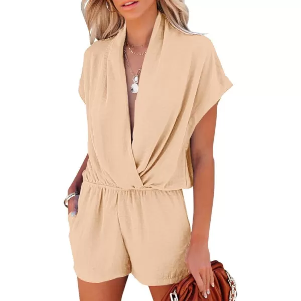 LYANER Women's Summer V Neck Wrap Ruched Front Pockets Short Sleeve Romper Jumpsuit
