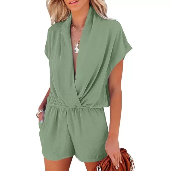 LYANER Women's Summer V Neck Wrap Ruched Front Pockets Short Sleeve Romper Jumpsuit