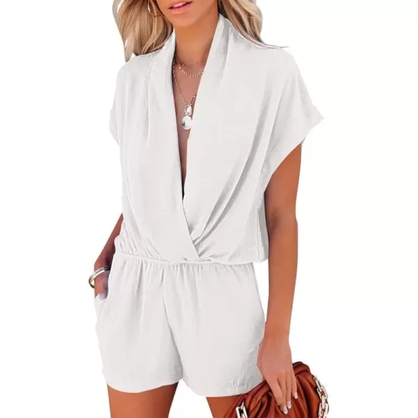 LYANER Women's Summer V Neck Wrap Ruched Front Pockets Short Sleeve Romper Jumpsuit
