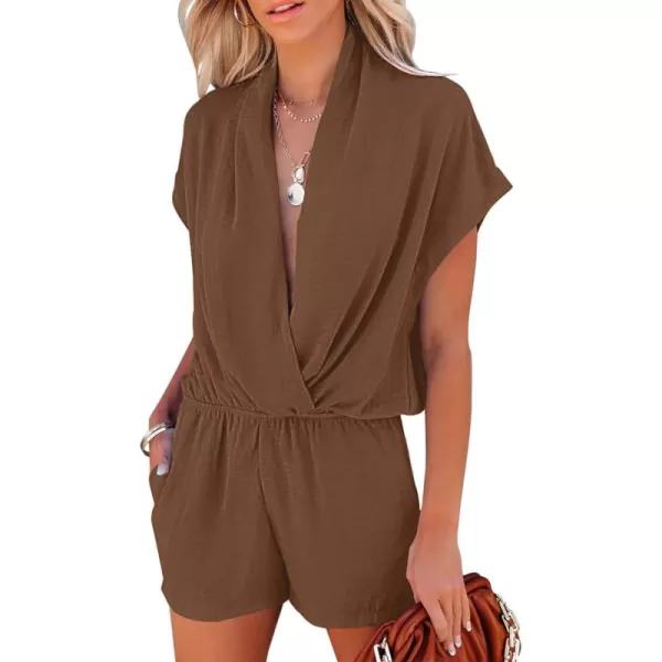 LYANER Women's Summer V Neck Wrap Ruched Front Pockets Short Sleeve Romper Jumpsuit