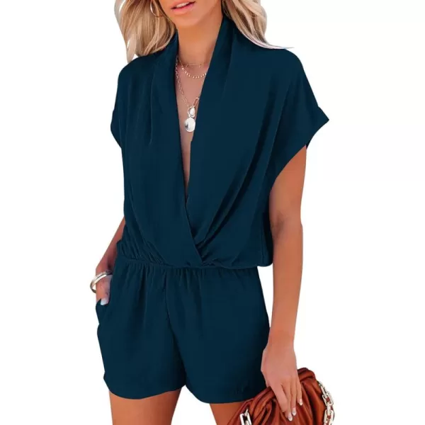 LYANER Women's Summer V Neck Wrap Ruched Front Pockets Short Sleeve Romper Jumpsuit