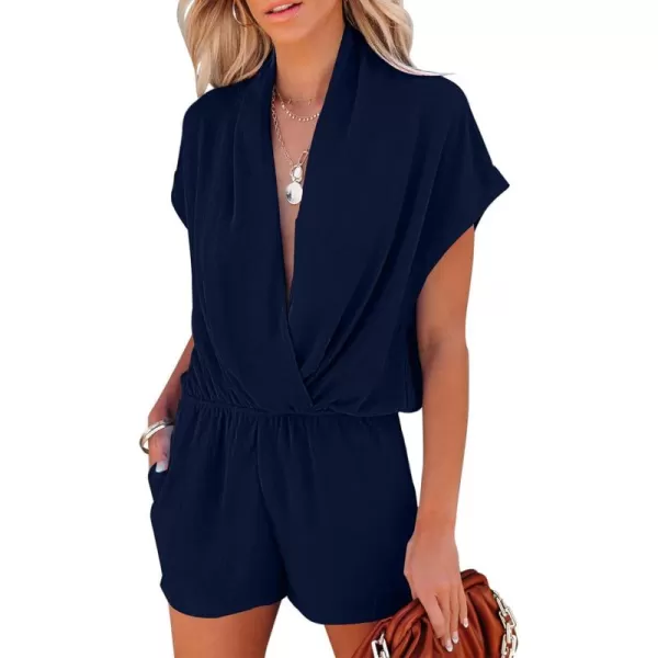 LYANER Women's Summer V Neck Wrap Ruched Front Pockets Short Sleeve Romper Jumpsuit