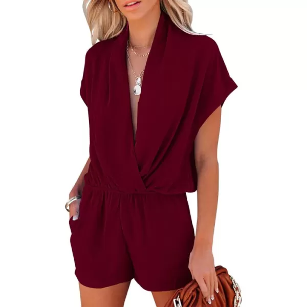 LYANER Women's Summer V Neck Wrap Ruched Front Pockets Short Sleeve Romper Jumpsuit