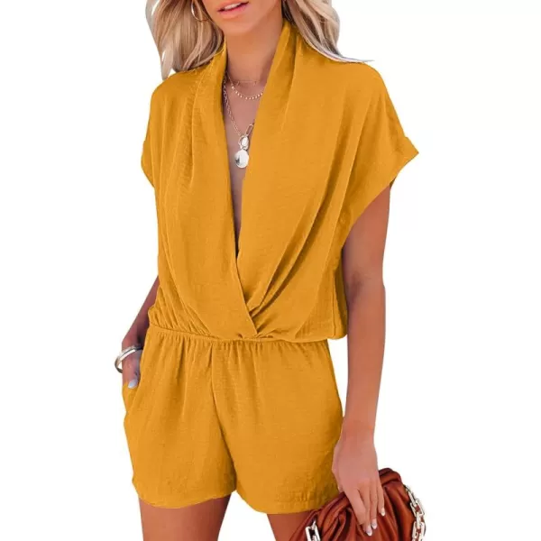 LYANER Women's Summer V Neck Wrap Ruched Front Pockets Short Sleeve Romper Jumpsuit