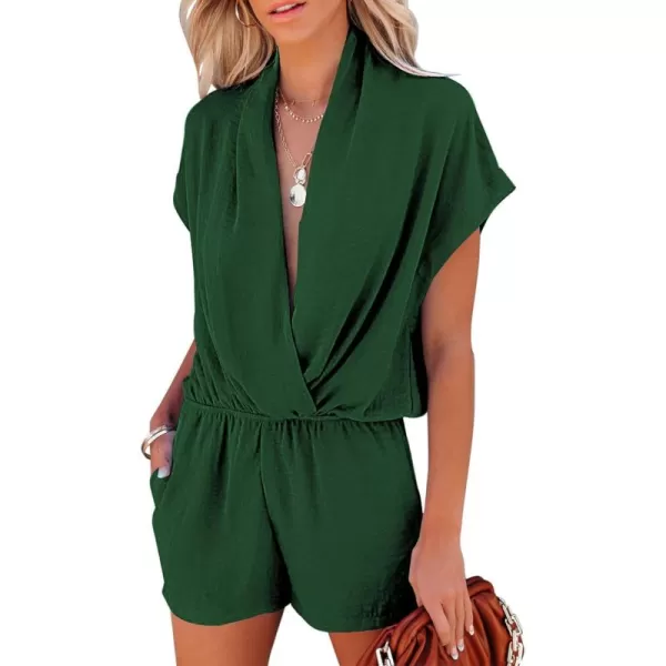 LYANER Women's Summer V Neck Wrap Ruched Front Pockets Short Sleeve Romper Jumpsuit