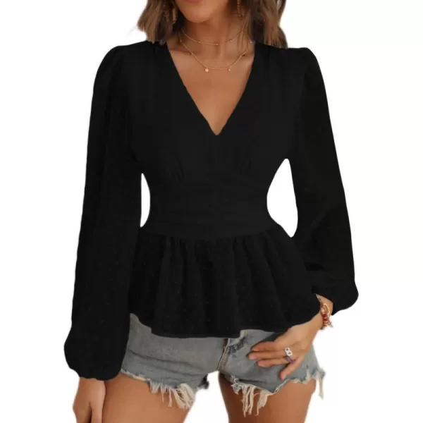 LYANER Women's Swiss Dots V Neck Lantern Sleeve Shirred Ruffle Elegant Peplum Blouse