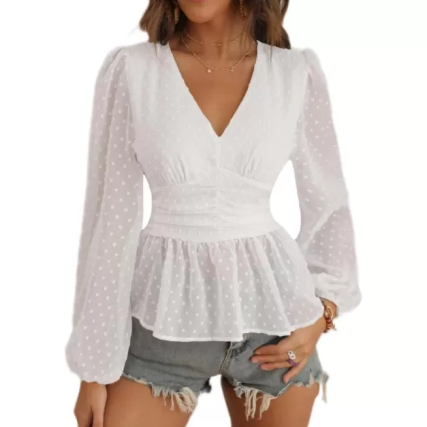 LYANER Women's Swiss Dots V Neck Lantern Sleeve Shirred Ruffle Elegant Peplum Blouse