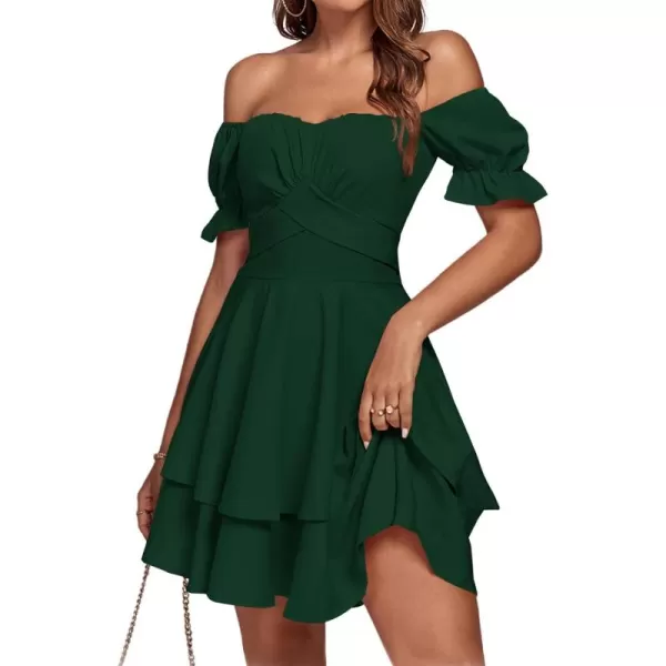 LYANER Women's Tie Back Off Shoulder Wrap Layer Ruffle Short Sleeve Mini Dress