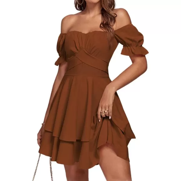 LYANER Women's Tie Back Off Shoulder Wrap Layer Ruffle Short Sleeve Mini Dress
