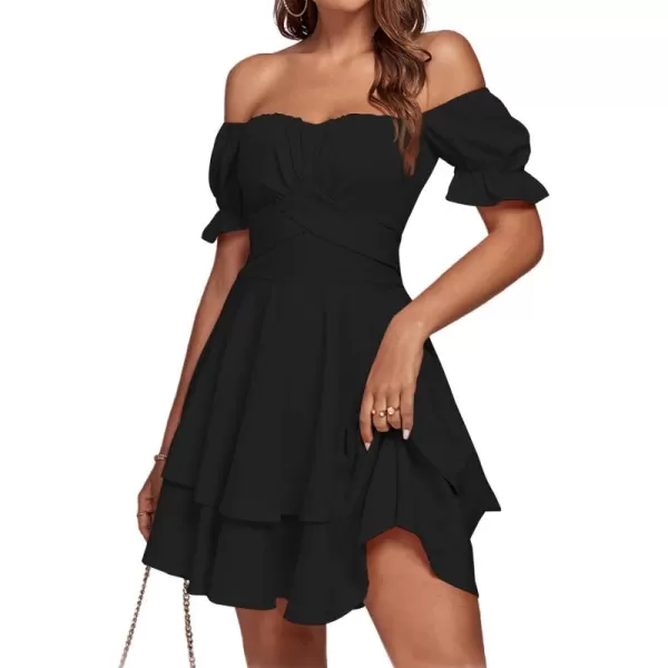 LYANER Women's Tie Back Off Shoulder Wrap Layer Ruffle Short Sleeve Mini Dress