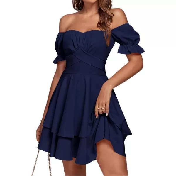LYANER Women's Tie Back Off Shoulder Wrap Layer Ruffle Short Sleeve Mini Dress