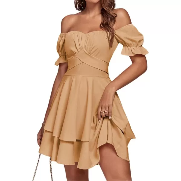 LYANER Women's Tie Back Off Shoulder Wrap Layer Ruffle Short Sleeve Mini Dress