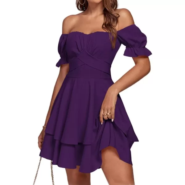 LYANER Women's Tie Back Off Shoulder Wrap Layer Ruffle Short Sleeve Mini Dress