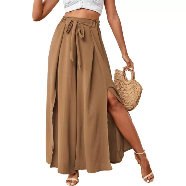LYANER Women's Tie Front High Waist Side Split Slit Flowy Wide Leg Pleated Pant with Belt