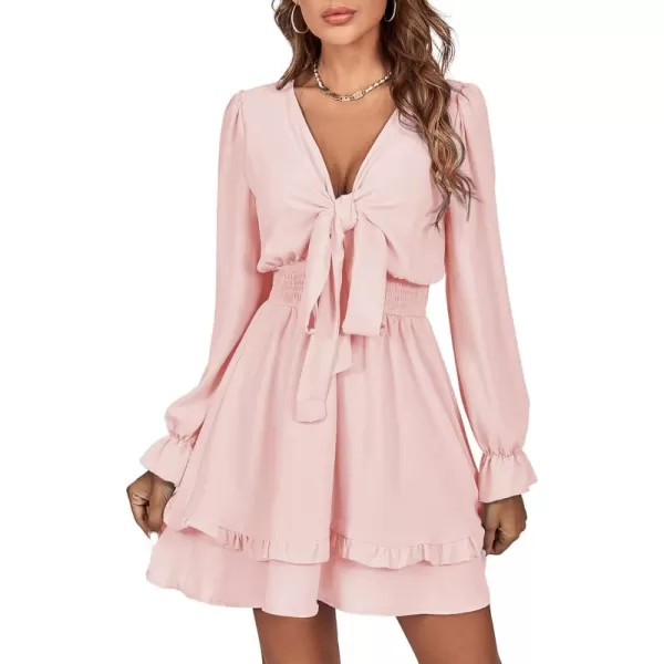 LYANER Women's Tie Front Plunge V Neck Ruffle Layer Long Sleeve Sexy Mini Dress