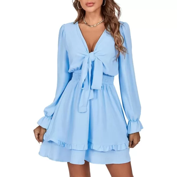 LYANER Women's Tie Front Plunge V Neck Ruffle Layer Long Sleeve Sexy Mini Dress