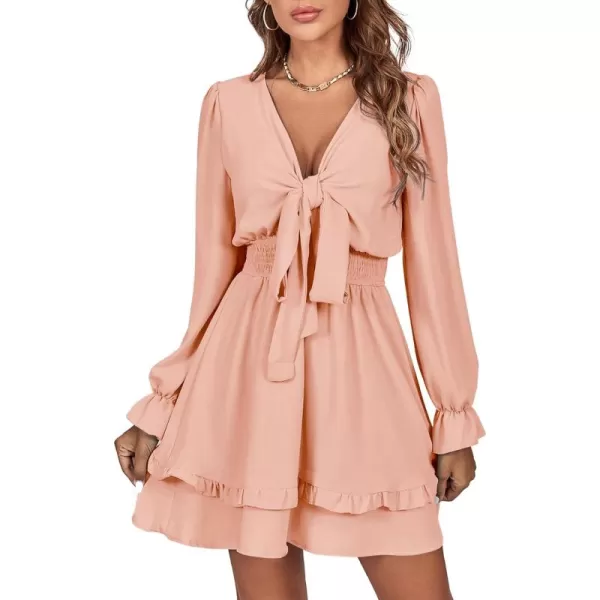 LYANER Women's Tie Front Plunge V Neck Ruffle Layer Long Sleeve Sexy Mini Dress