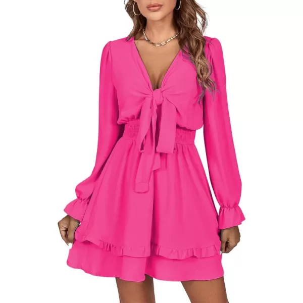 LYANER Women's Tie Front Plunge V Neck Ruffle Layer Long Sleeve Sexy Mini Dress
