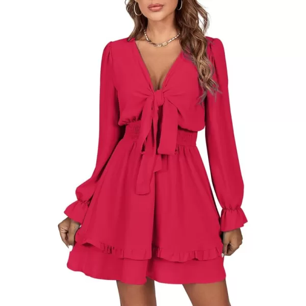 LYANER Women's Tie Front Plunge V Neck Ruffle Layer Long Sleeve Sexy Mini Dress
