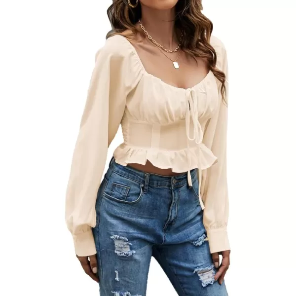 LYANER Women's Tie Knot V Neck Ruffle Trim Long Sleeve Shirred Crop Blouse Shirt Top