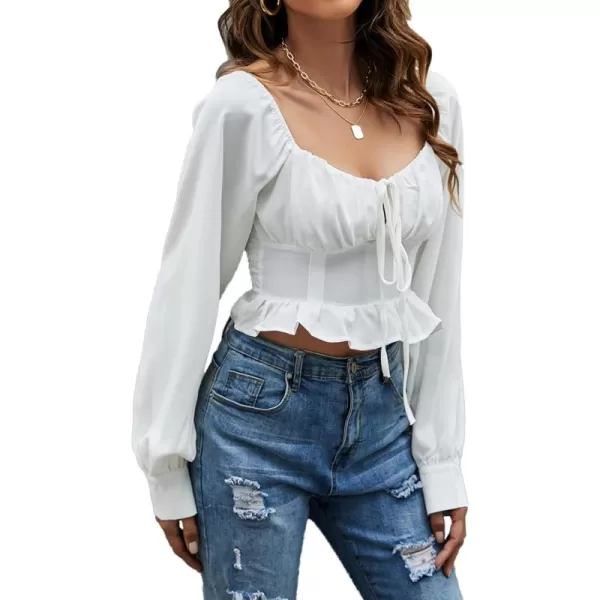 LYANER Women's Tie Knot V Neck Ruffle Trim Long Sleeve Shirred Crop Blouse Shirt Top