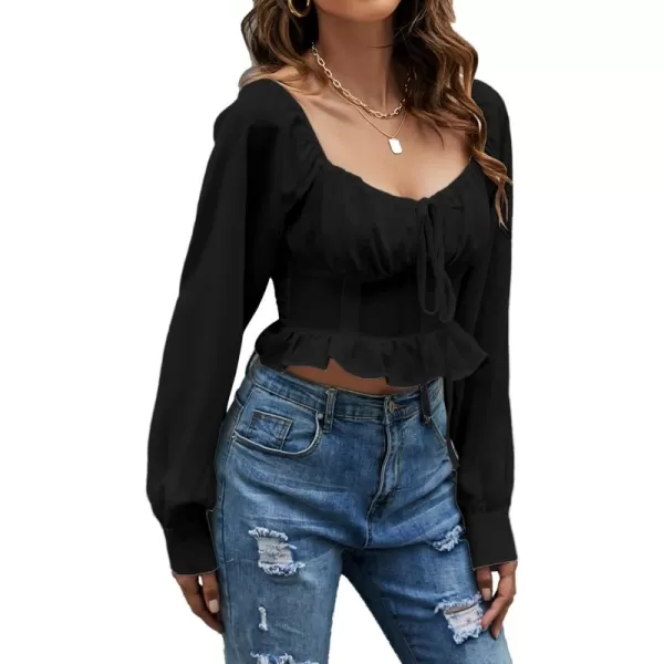 LYANER Women's Tie Knot V Neck Ruffle Trim Long Sleeve Shirred Crop Blouse Shirt Top