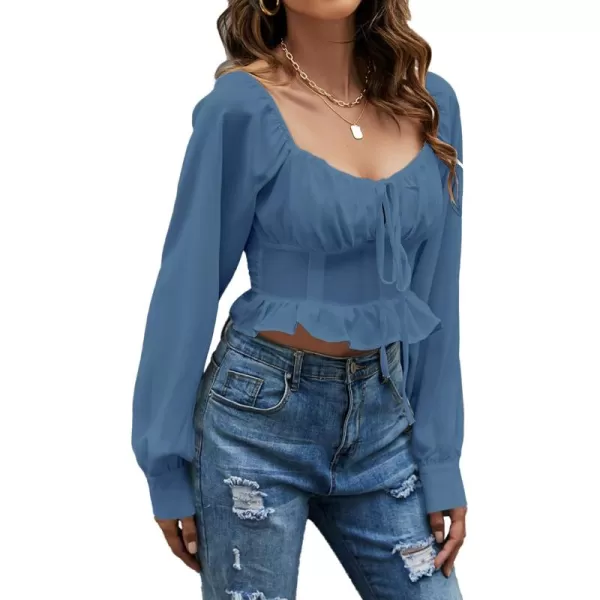 LYANER Women's Tie Knot V Neck Ruffle Trim Long Sleeve Shirred Crop Blouse Shirt Top