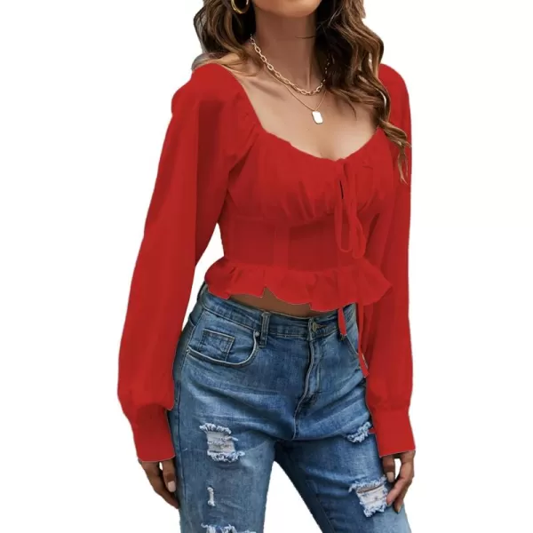 LYANER Women's Tie Knot V Neck Ruffle Trim Long Sleeve Shirred Crop Blouse Shirt Top