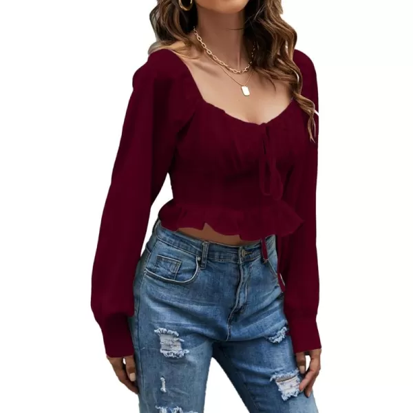 LYANER Women's Tie Knot V Neck Ruffle Trim Long Sleeve Shirred Crop Blouse Shirt Top