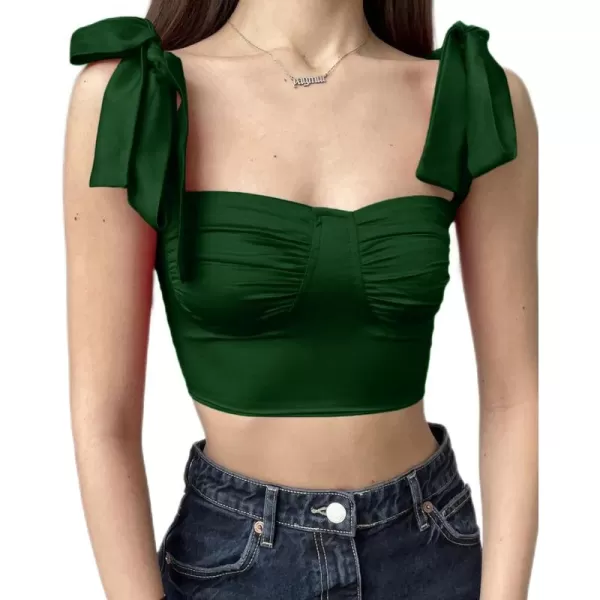 LYANER Women's Tie Shoulder Strap Ruched Square Neck Sleeveless Cami Crop Top