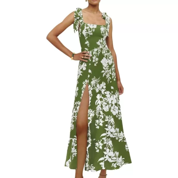 LYANER Women's Tie Shoulder Strap Square Neck Sleeveless Tie Waist Side Split Slit Printed Midi Dress