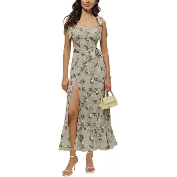 LYANER Women's Tie Shoulder Strap Square Neck Sleeveless Tie Waist Side Split Slit Printed Midi Dress